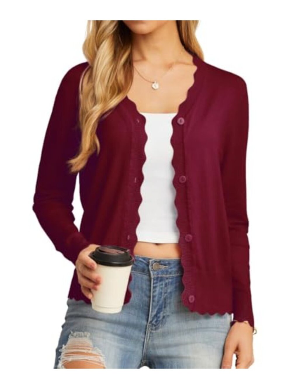 Ruffle V-Neck Cardigan Sweater, Button Down Long Sleeve, Lightweight Knit